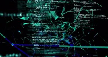 Parlayan yeşil ve mavi pleksus ağları üzerinde veri işleme dijital animasyon siyah arkaplan karşı. Küresel ağ oluşturma ve çevrimiçi güvenlik kavramı