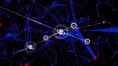 Siyah arkaplana karşı çok renkli pleksus ağları üzerinden dijital simge ağının dijital animasyonu. Küresel ağ ve bağlantı kavramı