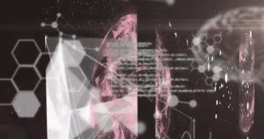 Kimyasal yapıların dijital animasyonu, üç boyutlu beyin modeli ve siyah arkaplanda veri işlemeye karşı pleksus ağı. Tıbbi araştırma bilgisayar arayüzü kavramı