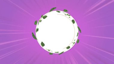 Yeşil yapraklarla süslenmiş beyaz bir dairenin canlandırılması ve mor arkaplandaki pembe çiçeklerin ışık demetleriyle süslenmesi. Romantik bahar ya da yaz mevsimsel karşılama arka planı