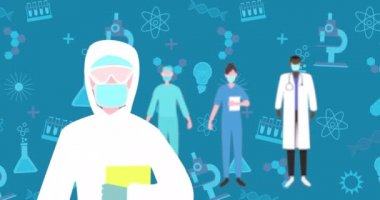 Mavi arka planda yüzen birçok kimyasal resimtogramın üzerinde yüz maskesi olan doktorların animasyonları. Okul kavramına geri dönüş dijital olarak oluşturulan imaj.