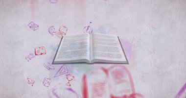 Beyaz arka planda yüzen okul resimli bir kitabın animasyonu. Okul kavramına geri dönüş dijital olarak oluşturulan imaj.