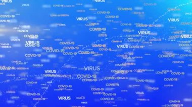 VIRUS ve COVID-19 metinlerinin animasyonu mavi arka planda DNA iplikçikleriyle yayılıyor. Dijital olarak üretilen küresel koronavirüs pandemik konsepti.