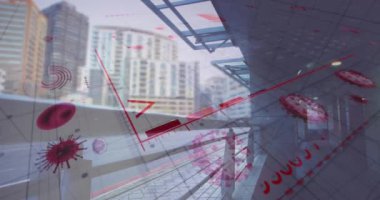 Yol ve arabalar üzerindeki grafik ve istatistiklerle dijital arayüzün animasyonu. Dijital olarak üretilen küresel koronavirüs pandemik konsepti.