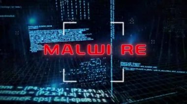 Mavi arkaplandaki veri işlemesine karşı Malware metni üzerinden taramanın dijital animasyonu. Dijital çevrimiçi güvenlik bilgisayarı kavramı