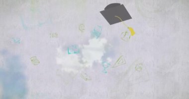 Beyaz arka planda okul resimlerinin üzerine düşen mezuniyet şapkalarının animasyonu. Okul kavramına geri dönüş dijital olarak oluşturulan imaj.