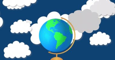 Mavi arka planda birden fazla düşen bulut üzerinde dönen dünyanın animasyonu. Okul kavramına geri dönüş dijital olarak oluşturulan imaj.