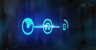 Bağlantı simgelerinin dijital animasyonu ve mavi arkaplana doğru hareket eden parlayan ışık noktası. Küresel ağ ve bağlantı kavramı