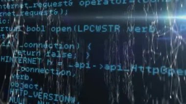 Veri işlemenin dijital animasyonu ve ışığın parlayan noktası, siyah arkaplan ile olan bağlantı ağının üzerinde. Küresel ağ oluşturma ve çevrimiçi güvenlik kavramı