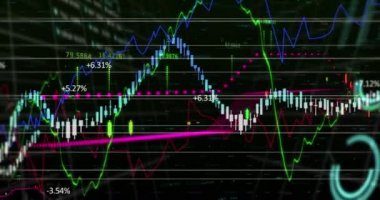 Finansal veri işlemenin dijital animasyonu dünya haritasında siyah arkaplanla karşılaştırılıyor. Küresel finansman ve Küresel ağ kavramı