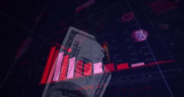 Grafikler, istatistikler ve dönen koronavirüs Covid 19 hücre ile dijital arayüzün animasyonu. Dijital olarak üretilen küresel koronavirüs pandemik konsepti.