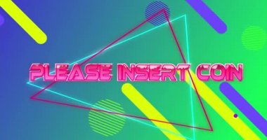 Lütfen üçgenli pembe metalik harfler ve gradyan üzerinde çoklu soyut şekiller olan madeni para metin ile video oyunu ekranının animasyonu. Video oyunu konsepti dijital olarak oluşturuldu.