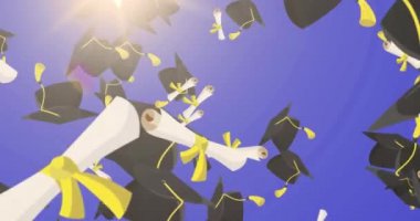 Mavi arka planda birden fazla düşen mezuniyet şapkası ve diplomasının animasyonu. Okul kavramına geri dönüş dijital olarak oluşturulan imaj.