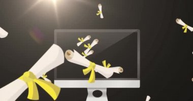 Siyah arka planda bilgisayarın üzerinde birden fazla düşen diplomanın animasyonu. Okul kavramına geri dönüş dijital olarak oluşturulan imaj.