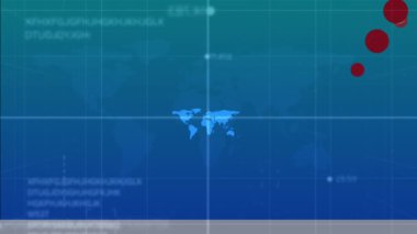 Dünya haritası ve mavi arka planda veri işleme ile dönen DNA ipliklerinin animasyonu. Dijital olarak üretilen küresel koronavirüs pandemik konsepti.