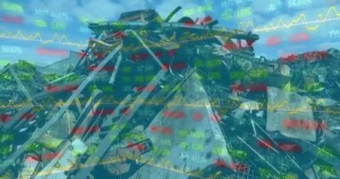 Çöp öğütme alanı üzerinden finansal veri işleme istatistik kaydının animasyonu. Küresel finans ekonomisi çevre kavramı dijital olarak oluşturulmuş görüntü.