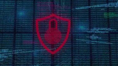 Güvenlik asma kilit simgesinin dijital animasyonu siyah arkaplan ile veri işleme üzerine. Dijital çevrimiçi güvenlik bilgisayarı kavramı