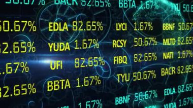 Simge ve dünyanın siyah arkaplana karşı dönmesi üzerine borsa veri işlemesinin dijital animasyonu. Küresel ekonomi borsa konsepti