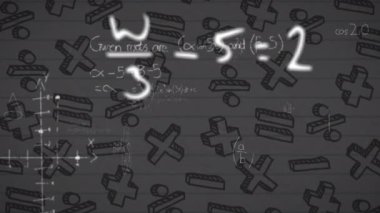 Beyaz arkaplandaki matematiksel semboller üzerinde çoklu yüzen matematiksel denklemlerin animasyonu. Okul kavramına geri dönüş dijital olarak oluşturulan imaj.
