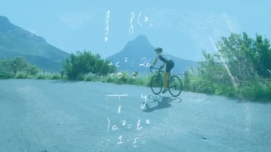 Arka planda bisiklet süren bir kadın için el yazısıyla yazılmış denklemlerin animasyonu. Teknoloji dijital veri işleme konsepti dijital kompozit.