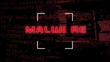 Siyah arkaplan ile veri işleme üzerinden Malware metni üzerinden tarama alanının dijital animasyonu. Dijital çevrimiçi güvenlik bilgisayarı kavramı