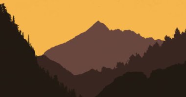 Günbatımında hareket eden birden fazla ağaç ve dağla birlikte arka planda turuncu gökyüzü olan doğanın canlandırması. Renk ve hareket kavramı dijital olarak oluşturuldu.