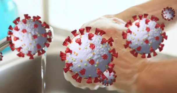 Covid Koronavirüs Hücrelerinin Animasyonu Kadının Üzerinde Yüzüyor Ellerini Yıkıyor Koronavirüsten — Stok video