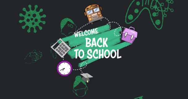 Animation Green Covid Coronavirus Icons Welcome Back School Text School — Stock Video