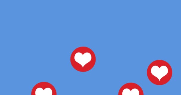 多个数字红心爱情图标在蓝色背景上飘扬的动画 全球在线社交媒体概念数字生成的图像 — 图库视频影像
