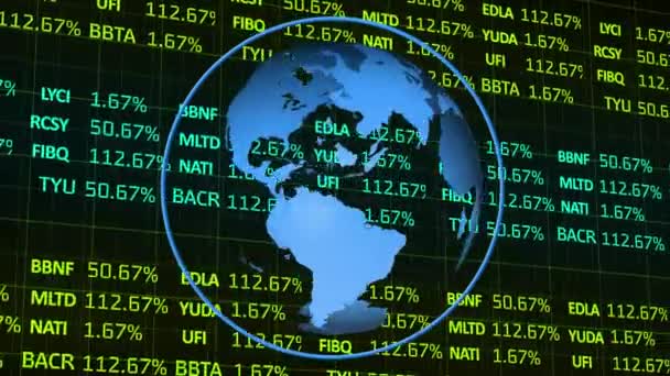 Digital Animation Blue Globe Spinning Stock Market Data Processing Grid — Stock Video