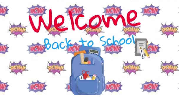 Animación Digital Welcome Back School Text Bag Pack School Concept — Vídeos de Stock