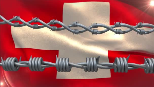 Cyfrowa Animacja Dwóch Drutów Kolczastych Nad Falującą Flagą Szwajcarii Przeciwko — Wideo stockowe