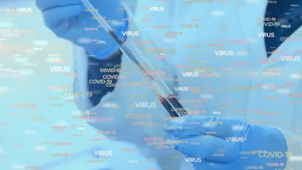 Sanojen Virus Covid Animaatio Joka Virtaa Verinäytettä Tutkivan Miespuolisen Laboratoriotyöntekijän — kuvapankkivideo