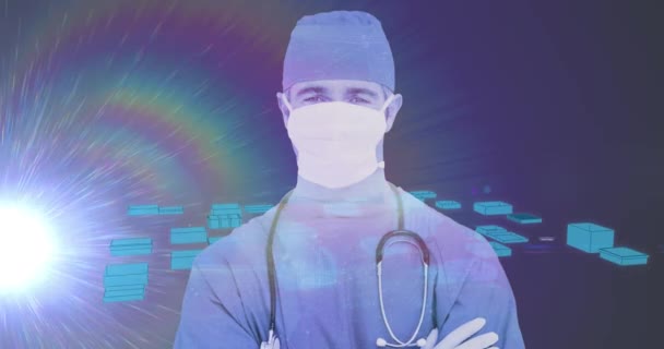 Animacja Męskiego Lekarza Noszącego Maskę Twarzy Nad Interfejsem Cyfrowym Niebieski — Wideo stockowe
