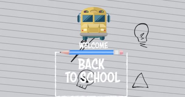 Анимация Текста Назад Школу Рисунками Сером Фоне Восстановление Концепции Образования — стоковое видео