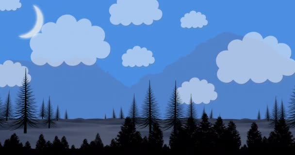 Animation Illustration Naturen Med Flera Träd Och Berg Rör Sig — Stockvideo