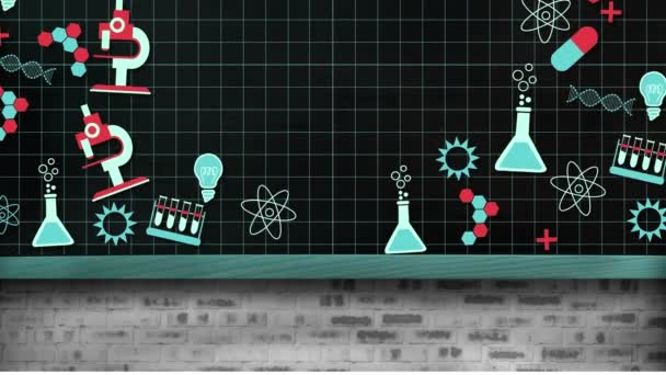 Animacja Wielu Pływających Piktogramów Chemicznych Nad Ścianą Czarnym Tle Edukacja — Wideo stockowe