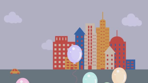 Animering Födelsedagsfirande Med Flerfärgade Ballonger Flyter Över Stadsbilden Bakgrunden Fira — Stockvideo