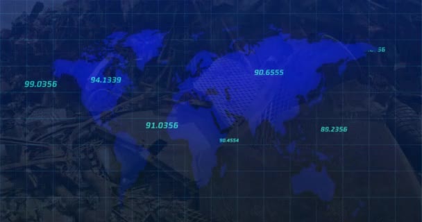 通过世界地图和城市工业园区进行财务数据处理统计记录的动画制作 全球金融 商业和经济环境概念 — 图库视频影像
