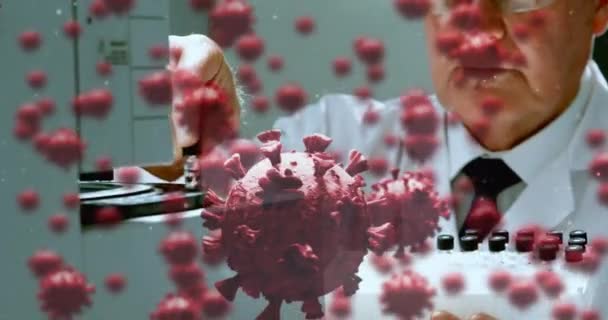 Animation Coronavirus Cells Flowing Male Laboratory Worker Examining Sample Research — Stock Video