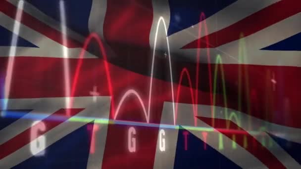 Digital Komposit Video Databehandling Mot Brittiska Flaggan Viftar Begreppet Global — Stockvideo