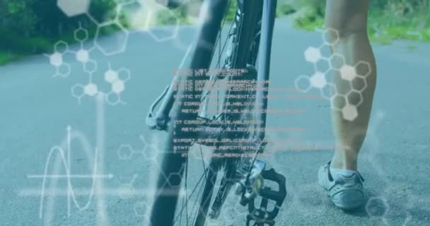 Animering Vetenskapliga Data Inspelning Över Kvinna Cykling Bakgrunden Teknik Digital — Stockvideo