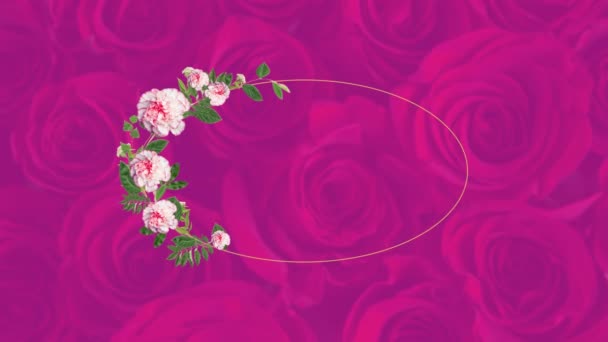 Animation Oval Kontur Dekorerad Med Gröna Blad Och Rosa Blommor — Stockvideo