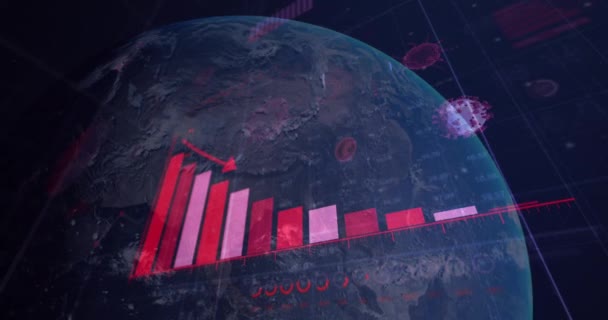 回転する地球とのデジタルインターフェースのアニメーション 黒の背景にグラフや統計 全球コロナウイルスパンデミックの概念デジタル的に生成された画像 — ストック動画