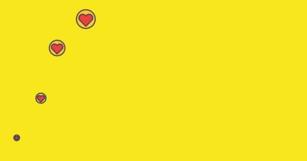 Animation Multiple Digital Red Heart Love Icons Floating Yellow Background — Stock Video