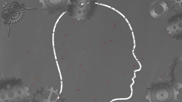 灰色の背景に動く歯車で頭を描くアニメーション 学校のコンセプトに戻る教育デジタル生成された画像 — ストック動画