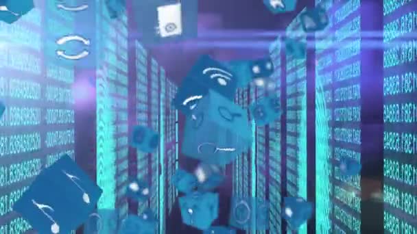 Ψηφιακό Animation Μπλε Ψηφιακά Εικονίδια Που Κινούνται Πάνω Από Σαρωτή — Αρχείο Βίντεο
