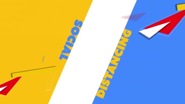 青と黄色の背景に対する社会的距離テキストのデジタルアニメーション コロナウイルス Covid 19パンデミックの概念 — ストック動画