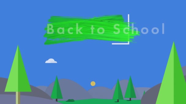Animace Piktogramu Školy Textu Zpět Školy Modrou Oblohou Pozadí Vzdělání — Stock video
