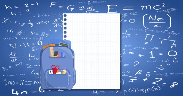 用蓝色背景上的数学方程对学校象形文字进行动画化 教育回到学校概念数字生成的图像 — 图库视频影像